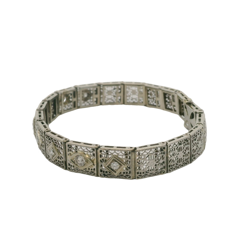 Estate Diamond Filigree Accent 14K 585 White Gold Pierced Bracelet