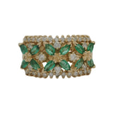 Vintage Solid 14kt Yellow Gold, Emerald, and Diamond Floral Motif Cluster Cocktail 11.5mm Wide Band Ring Size 7