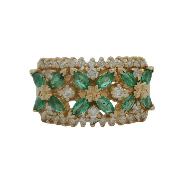 Vintage Solid 14kt Yellow Gold, Emerald, and Diamond Floral Motif Cluster Cocktail 11.5mm Wide Band Ring Size 7
