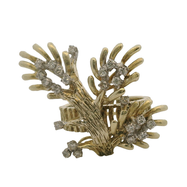 Vintage 1970-80s 14kt Yellow Gold and Diamond Branch Tree Statement Cluster Ring Size 7