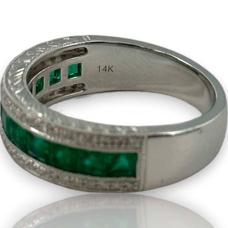 QCD Quality Color Design 14kt Solid White Gold Rhodium Plate Band with Princess Cut Emeralds and Accent Diamonds Size 7 Ring
