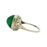 Antique 1920s Solid 14kt White Gold and Green Glass Cabochon Filigree Ring Size 5.5