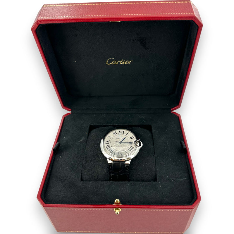 Cartier 3765 Ballon Bleu Date 42mm WSBB0049 Steel Leather Watch B&P