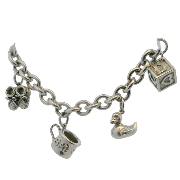 Vintage 925 Sterling Silver Baby Charm Bracelet with Teddy, Cup, Block, Duckie, and Shoes