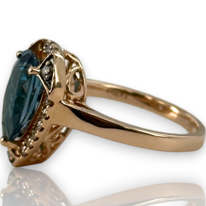 LeVian Signed Solid 14kt Strawberry Rose Gold and Pear Shaped Deep Sea Blue Topaz Ring with Diamond Halo Size 6.75