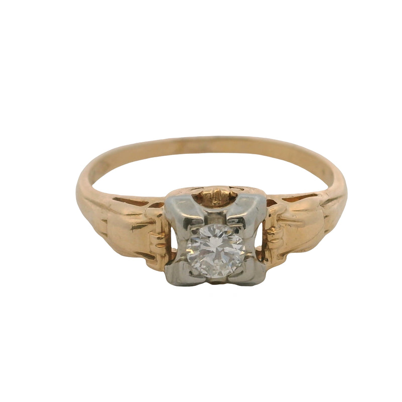 Antique 1930s 14kt White and Yellow Gold Art Deco Solitaire Diamond Ring Size 7