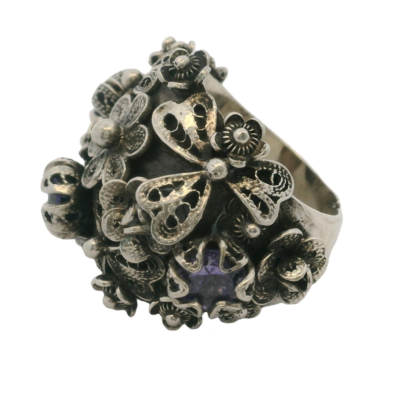 Yvone Christa New York 925 Sterling Large Filigree Flower Bouquet Adjustable Back Ring Size 7