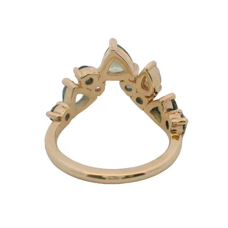 14kt Yellow Gold Blue and Green Sapphires and Diamond Chevron Crown Ring