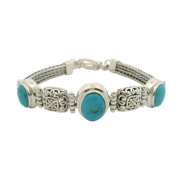 Solid 925 Sterling Silver and Cabochon Blue Turquoise Braided Toggle Bracelet 8"