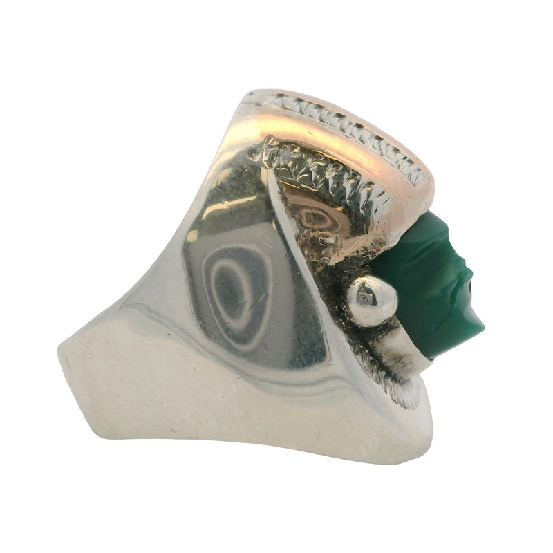 Vintage Mexican 925 Sterling Silver and Carved Green Onyx Aztec Warrior Ring Size 7.5