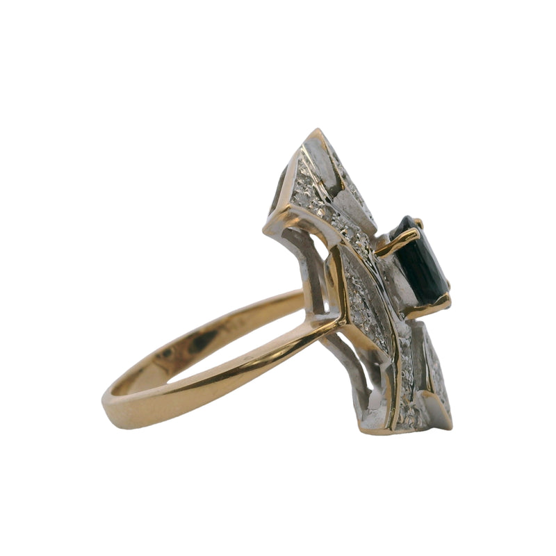 14kt White and Yellow Gold Statement Dinner Ring With Center Sapphire and Diamonds Size 6