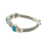 Solid 925 Sterling Silver and Cabochon Blue Turquoise Braided Toggle Bracelet 8"