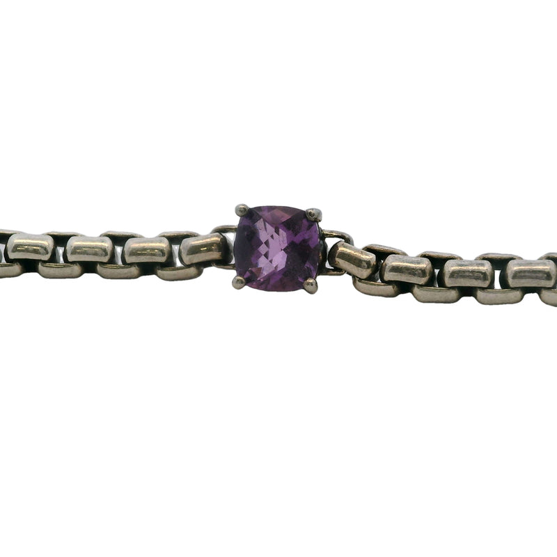 Jai 925 Sterling Silver Box Chain 8" 4 Amethyst Station Bracelet Made In Thailand