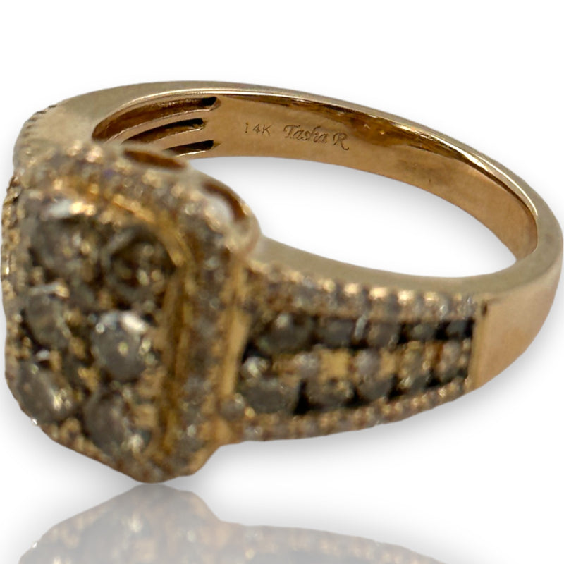 Tasha R Jewelry Solid 14kt Rose Gold Rectangular 1.41ctw Diamond Cluster Ring with White, Yellow, and Brown Diamonds Size 7