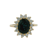 Vintage Solid 14kt Yellow Gold and Sapphire Cocktail Ring with Diamond Halo Size 6.5