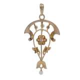 Antique Victorian 10kt Yellow Gold Lavaliere Pendant with Old Mine Cut Diamond and Freshwater Pearls