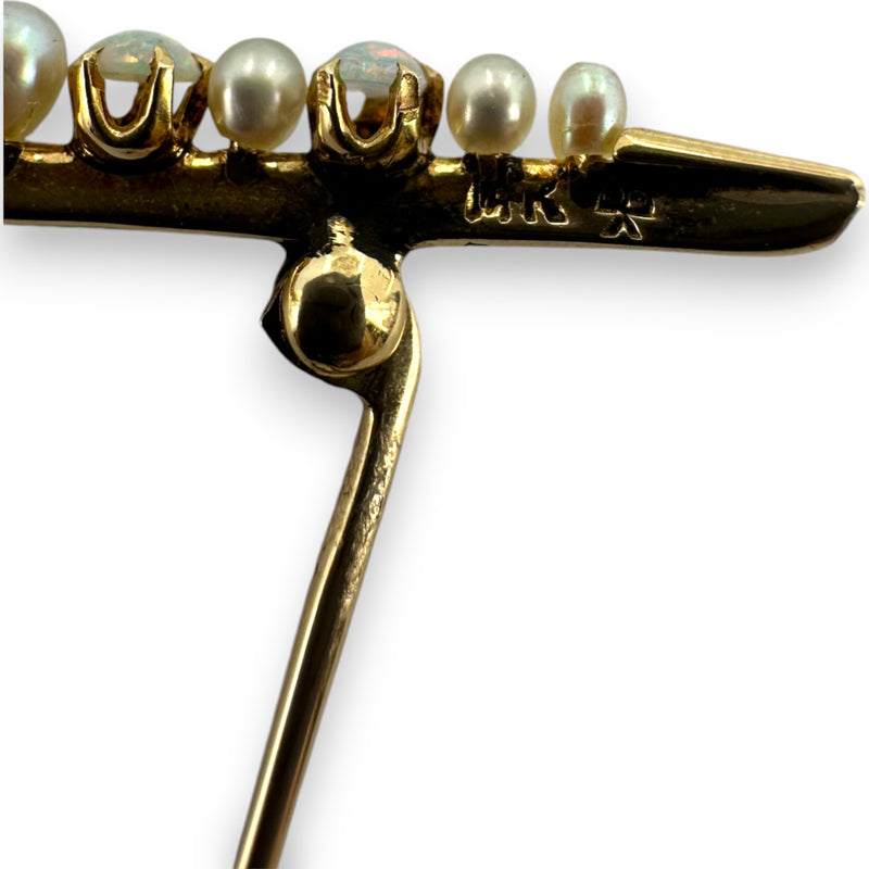 Bates & Klinke Signed 1900-1910s Opal and Pearl Crescent Moon Brooch Pin with Original Pinback