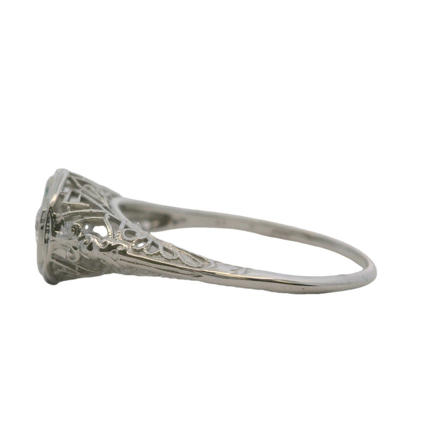 Antique 1920s Art Deco Solid 18kt White Gold Filigree Hexagon Ring with Transitional Cut Diamond Size 9