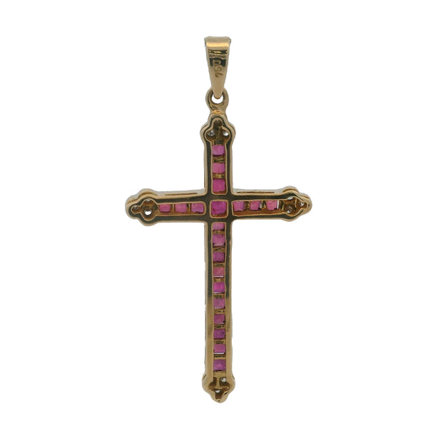 Solid 18kt Yellow Gold And Natural Ruby 1.6" Long Cross Pendant With Diamond Accents