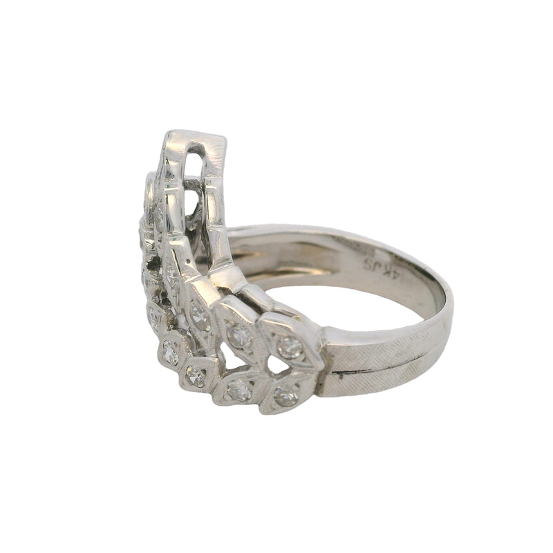 14kt White Gold and Diamond Fern Shaped Chevron Cocktail Cluster Ring Size 8.5