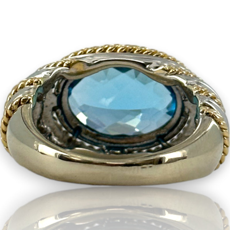 Anillo llamativo firmado por EFFY, oro blanco sólido de 14 kt en dos tonos, oro amarillo y topacio azul intenso con corte de tablero de ajedrez, talla 7,75