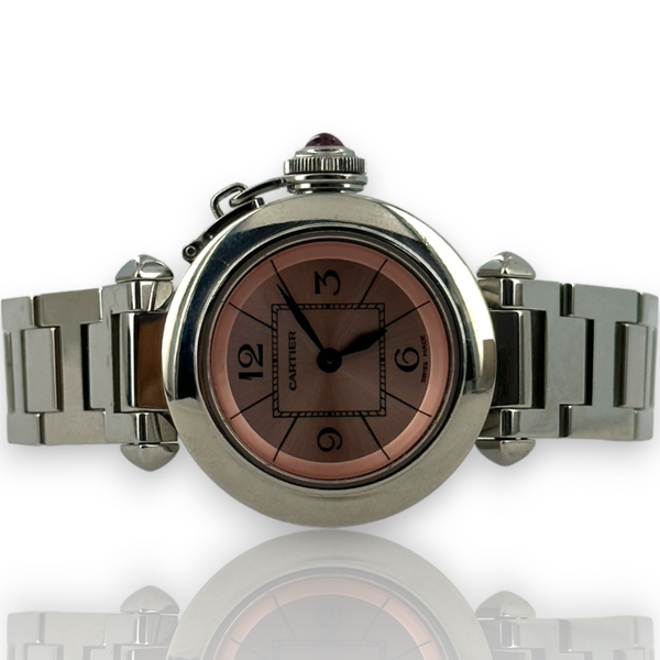 Reloj Cartier Miss Pasha de 27 mm de acero, cuarzo, esfera rosa