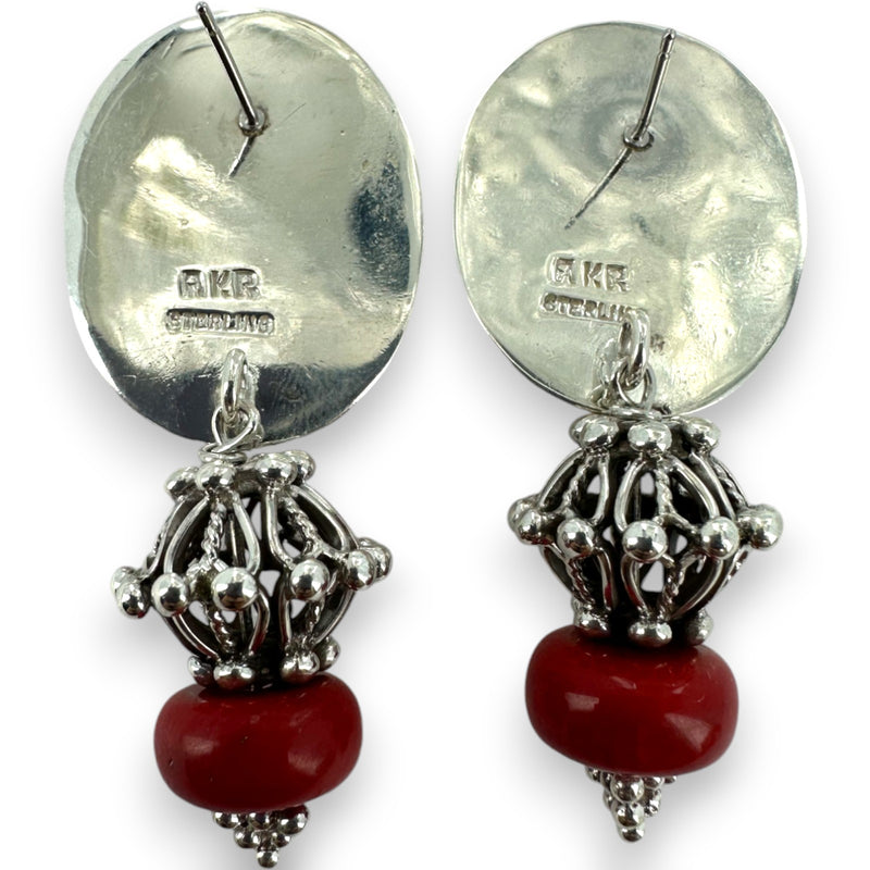 Amy Kahn Russel 925 Sterling Silver Large Drop/Dangle Earrings with Red Spiny Oyster Stone