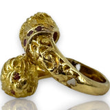 Vintage 1970-80s Victorian Revival Solid 18kt Yellow Gold Two-Headed Lion Ring with Rubies Size 4.5