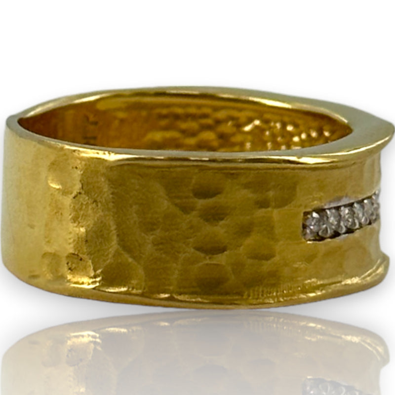 I. REISS Solid 14kt Yellow Gold Scalloped Textured Hammer-Finish Ring with Burnish Set Diamonds Size 7