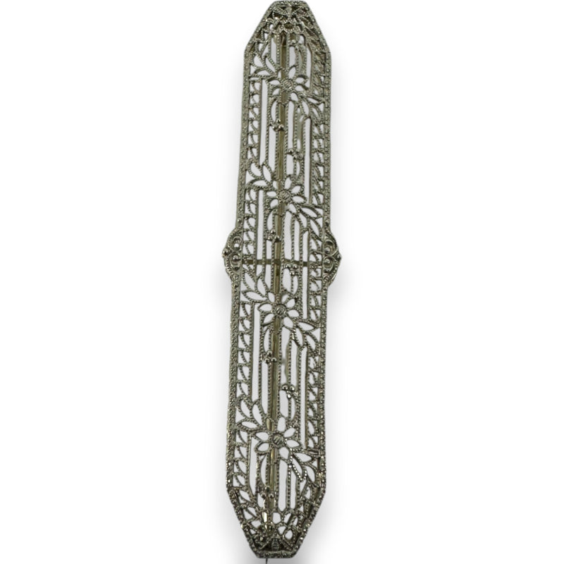 Antique 1920s 14kt White Gold Filigree Bar Brooch Pin with Floral Motif