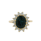 Vintage Solid 14kt Yellow Gold and Sapphire Cocktail Ring with Diamond Halo Size 6.5