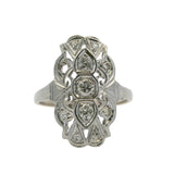 Late 1920s 18kt White Gold and Diamond 19mm Long Milgrain Dinner Ring Size 5