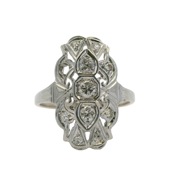 Late 1920s 18kt White Gold and Diamond 19mm Long Milgrain Dinner Ring Size 5