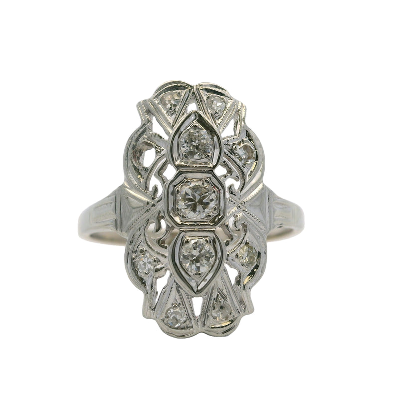 Late 1920s 18kt White Gold and Diamond 19mm Long Milgrain Dinner Ring Size 5