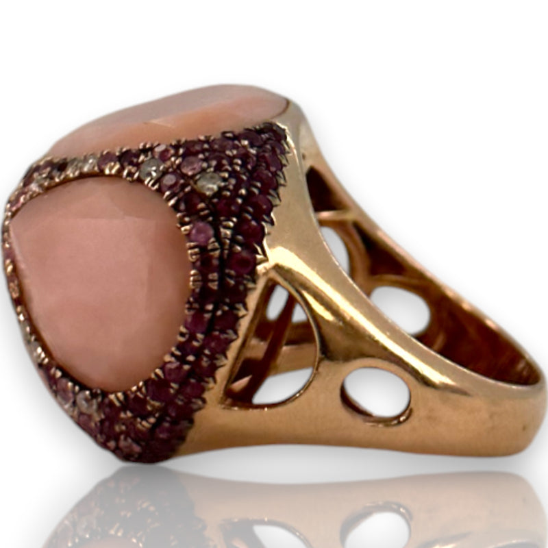 Custom Made Solid 14kt Rose Gold Large Bauble Ring with Simulated Glass Quartz, Lab Rubies, and Diamonds Size 7