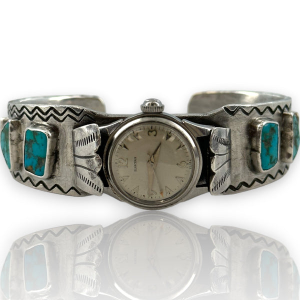 Native American 925 Sterling Silver and Natural Turquoise Blancpain Watch Cuff