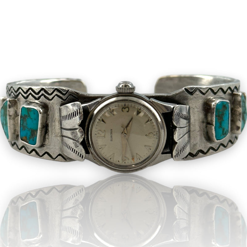 Native American 925 Sterling Silver and Natural Turquoise Blancpain Watch Cuff