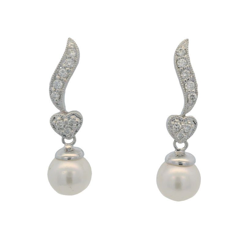 Albert David Pearls & Gems 14kt White Gold Pearl and Diamond Small Drop Heart Earrings
