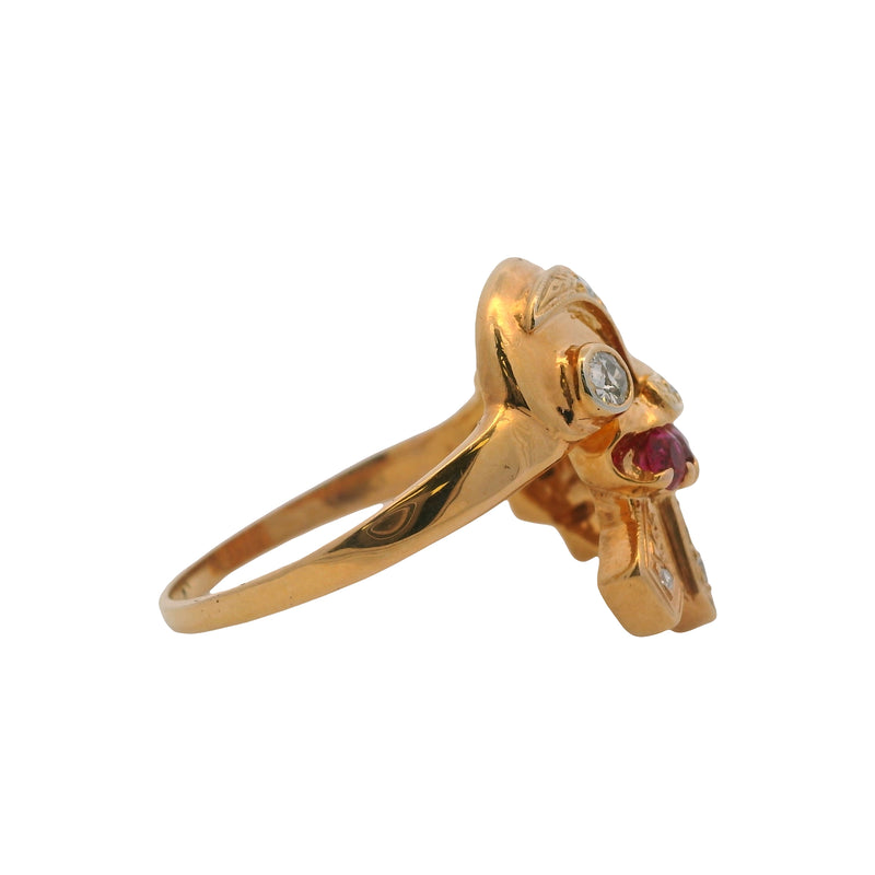 Vintage 1930s Retro 14kt Yellow Gold Diamond and Lab Ruby Cornucopia Cocktail Ring Size 10