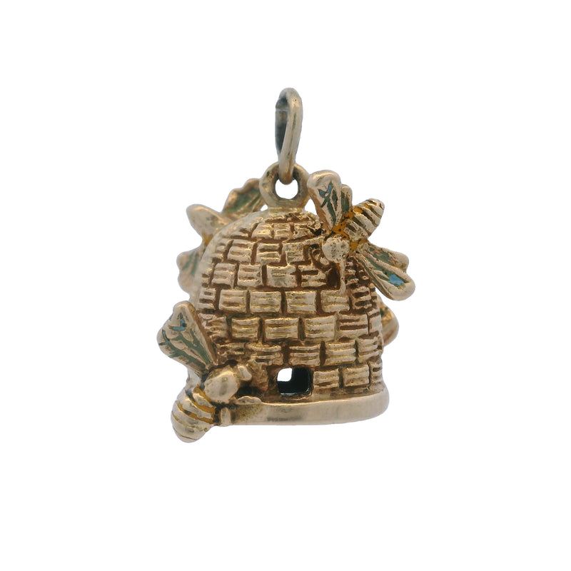 Vintage 14kt Yellow Gold and Enamel Beehive Honeybee Charm Pendant