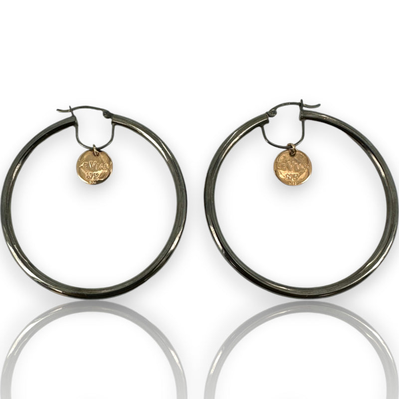 LeVian 14kt Black Gold 2-Inch Diameter Snap Closure Hoop Earrings with Rose Gold Logo Dangle Accent