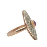 Vintage 1958-1964 Soviet 14kt 2 Tone Ruby Diamond Navette Cocktail Ring Size 7.5