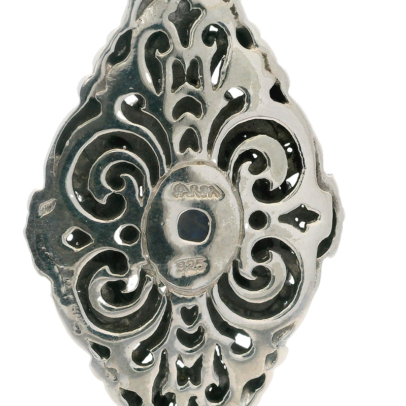 Sarda Solid 925 Sterling Silver, Abalone, and Blue Topaz Drop Ornate Necklace Pendant