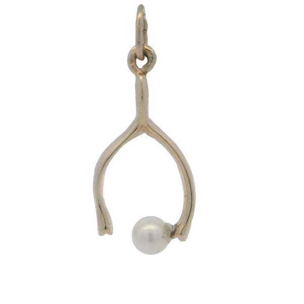 Vintage 14kt Yellow Gold Wishbone 23mm Long Good Luck Wish Pendant with Pearl