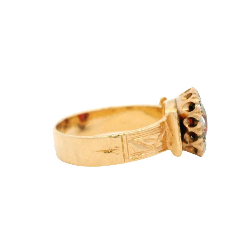 Antique Early 1900s Solid 14kt Yellow Gold and Vivid Red Garnet Ring with Rose Cut Diamond Halo Size 4.5