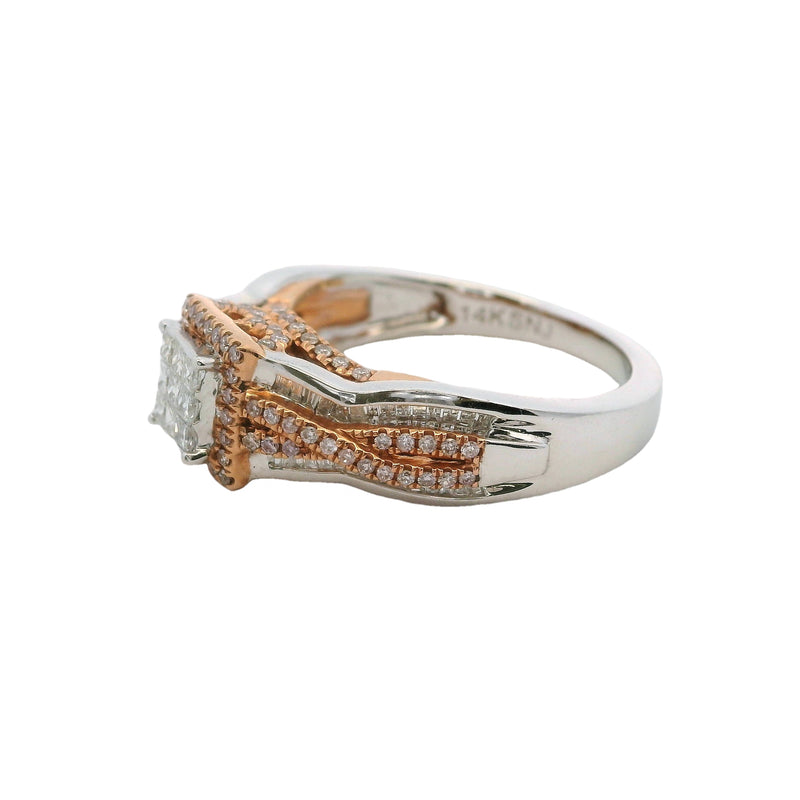 Solid 14kt White and Rose Gold Princess Cut Diamond Cluster Ring with Halo and Accent Band Size 7