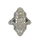Antique 1920s Art Deco Solid 18kt White Gold 0.29ctw Diamond and Lab Sapphire Filigree Dinner Ring Size 6.5