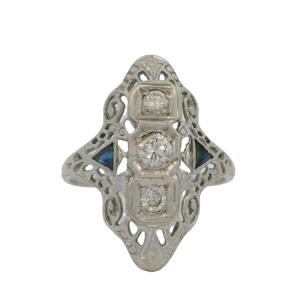 Antique 1920s Art Deco Solid 18kt White Gold 0.29ctw Diamond and Lab Sapphire Filigree Dinner Ring Size 6.5