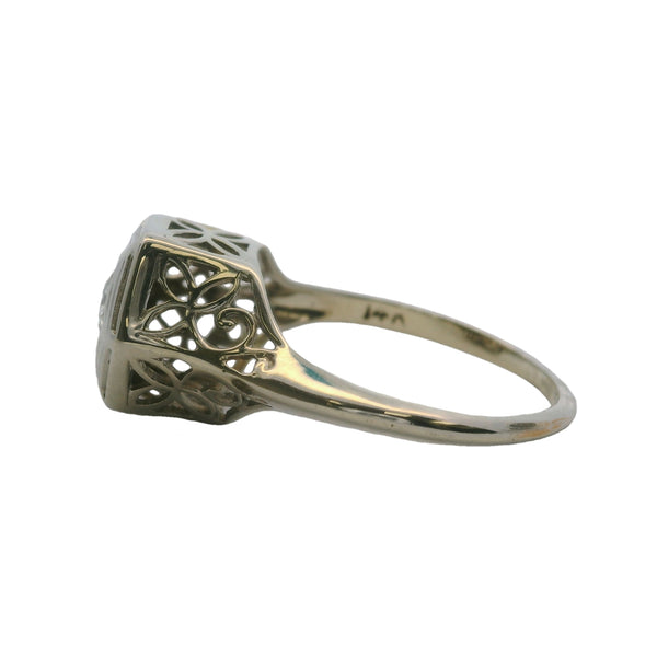 Vintage 1920-30s 14kt White Gold Filigree Hexagon Old European Cut Diamond Solitaire Ring Size 6.25
