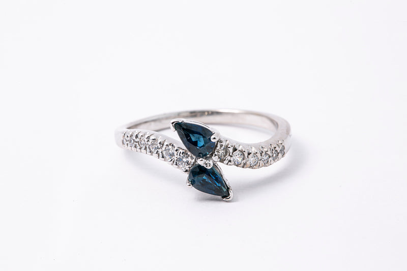 Sapphire & Diamond Crossover Band 14K 585 White Gold Ring Size 6 1/2